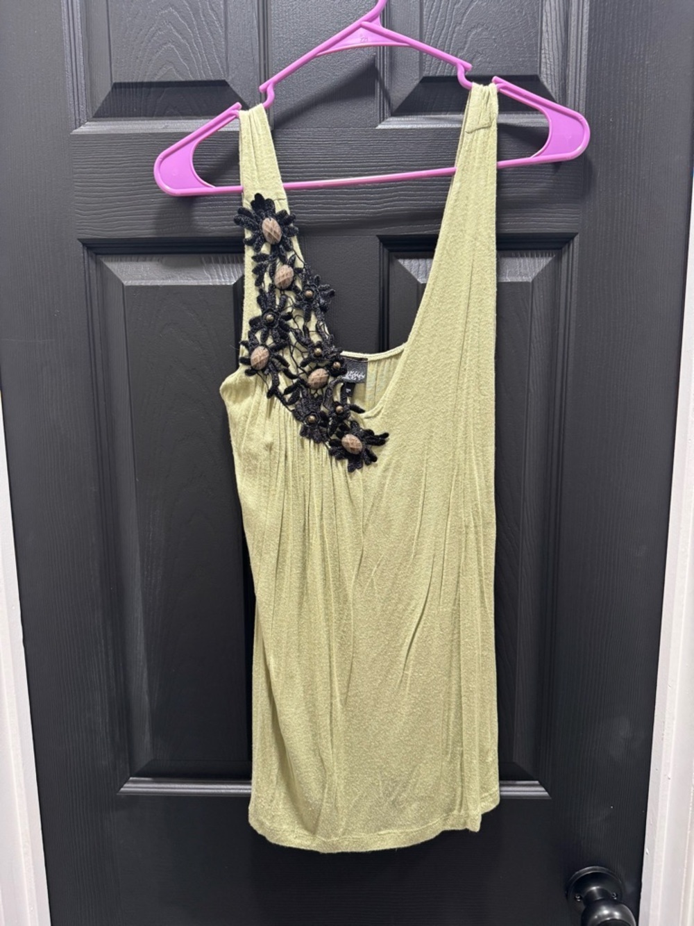 Daytrip Olive Green Top with Black Floral Applique and Taupe Buttons